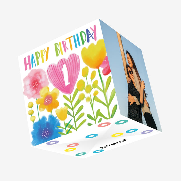 Watercolour Flowers Happy 1st Birthday Confetti-exploding Greetings Card