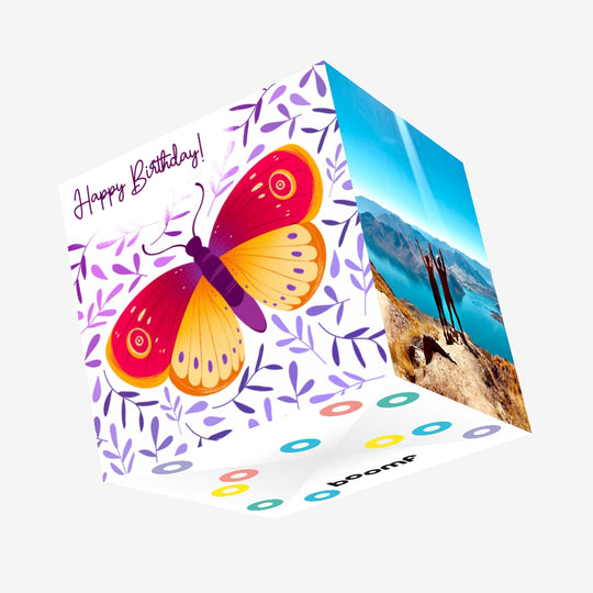 Butterfly With Purple Leaves Happy Birthday Confetti-exploding Greetings Card