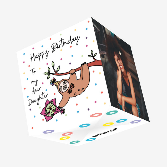 Happy Birthday Daughter Sloth With A Flower Bouquet Hanging On A Tree Confetti-exploding Greetings Card
