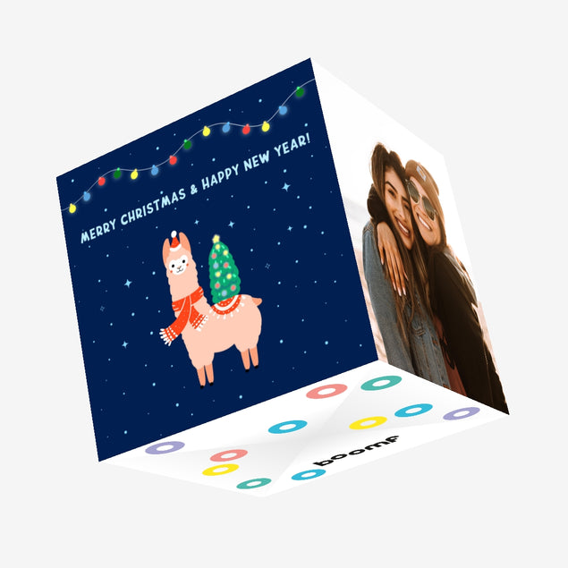 Cute Blue Themed Alpaca Merry Christmas Confetti-exploding Greetings Card