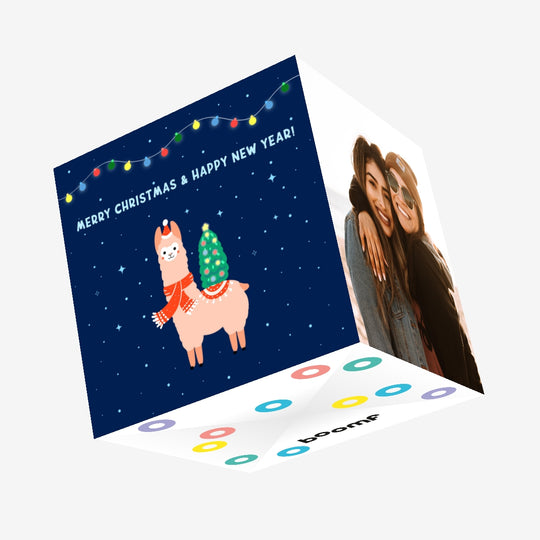 Cute Blue Themed Alpaca Merry Christmas Confetti-exploding Greetings Card