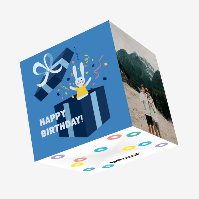Happy Birthday Surprise Rabbit Blue Confetti-exploding Greetings Card
