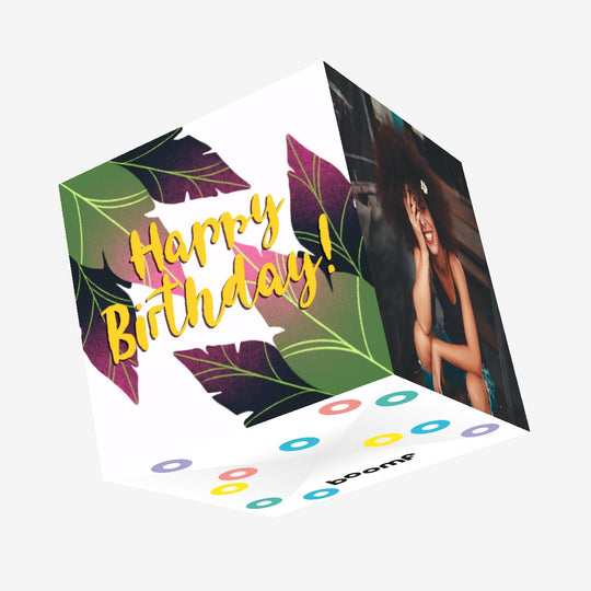 Happy Birthday Green And Yellow Tropical Leaves Confetti-exploding Greetings Card