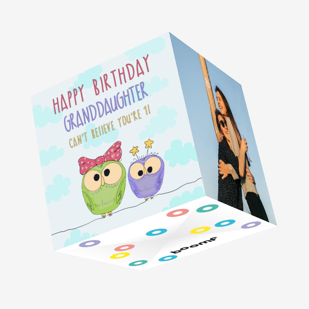 Happy 1st Birthday Granddaughter Funny Owls Confetti-exploding Greetings Card