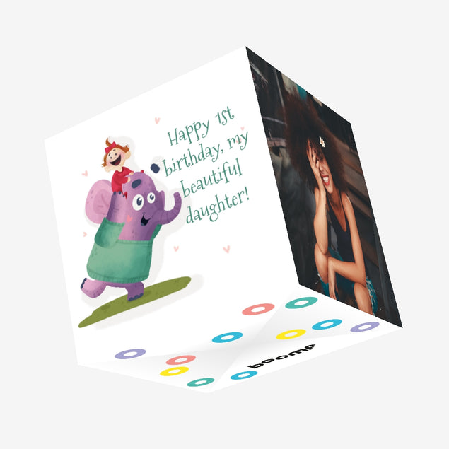 Happy 1st Birthday Elephant With Girl Confetti-exploding Greetings Card