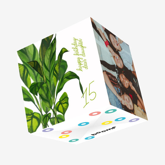 Happy 15th Birthday Daughter Lifelike Green Leaves Confetti-exploding Greetings Card