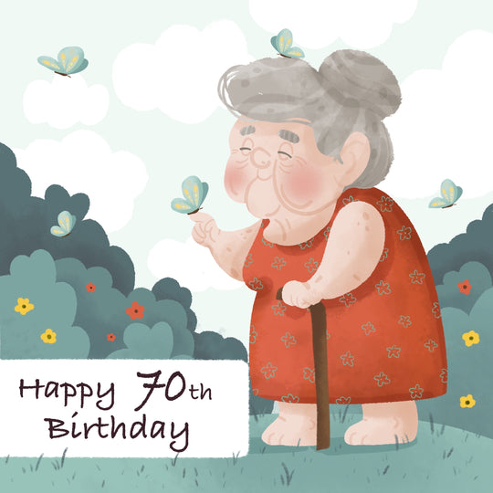 Happy 70th Birthday Elderly Lady And Butterflies