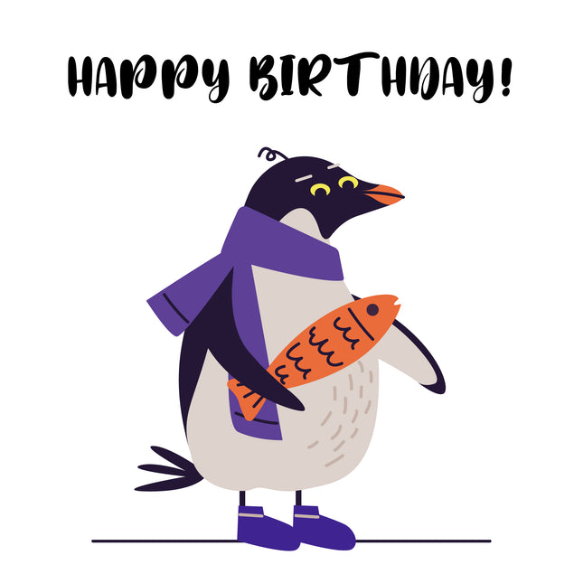 Warm Dressed Penguin With Fish Happy Birthday