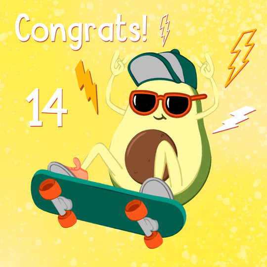 Cool Avocado Skater Happy 14th Birthday