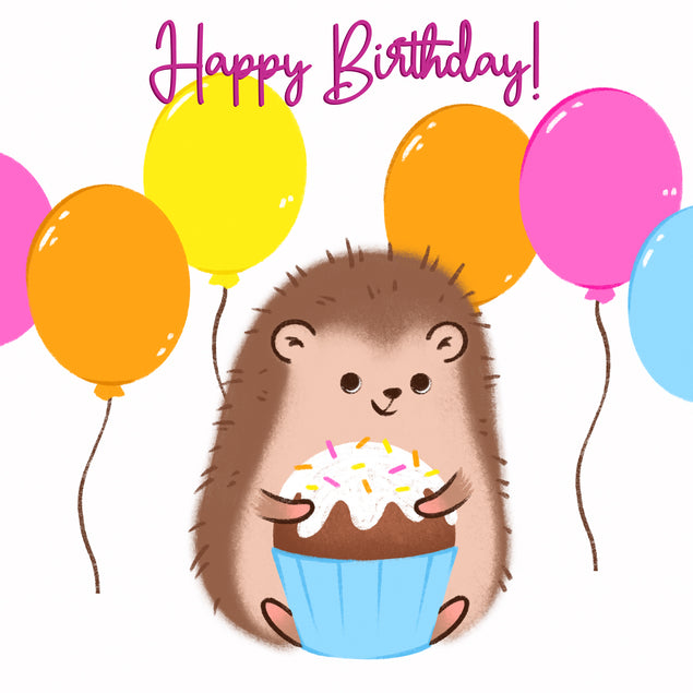 Cute Hedgehog With Cake And Balloons Happy Birthday