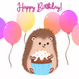 Hedgehog With Cake And Pink Balloons Happy Birthday