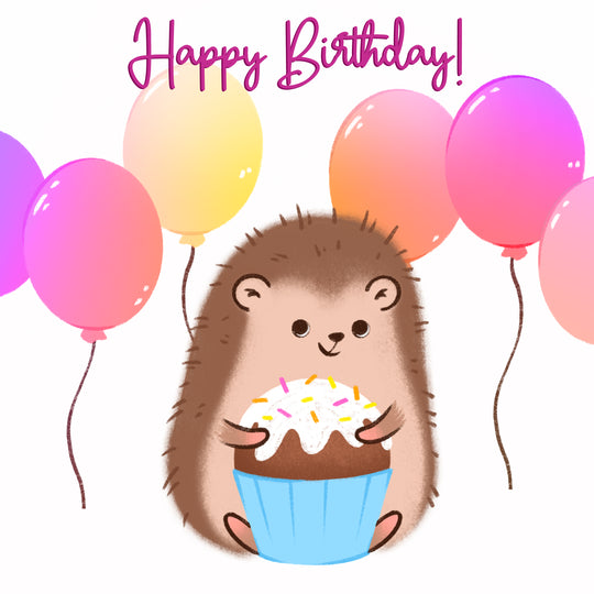 Hedgehog With Cake And Pink Balloons Happy Birthday