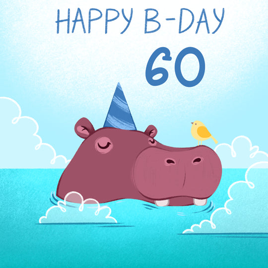 Festive Hippo Blue Background Happy 60th Birthday